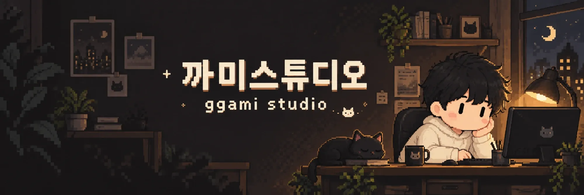 Pixel-art night scene of the GGAMISTUDIO workspace: a developer at a desk with a sleeping black cat, with the studio name in Korean and English